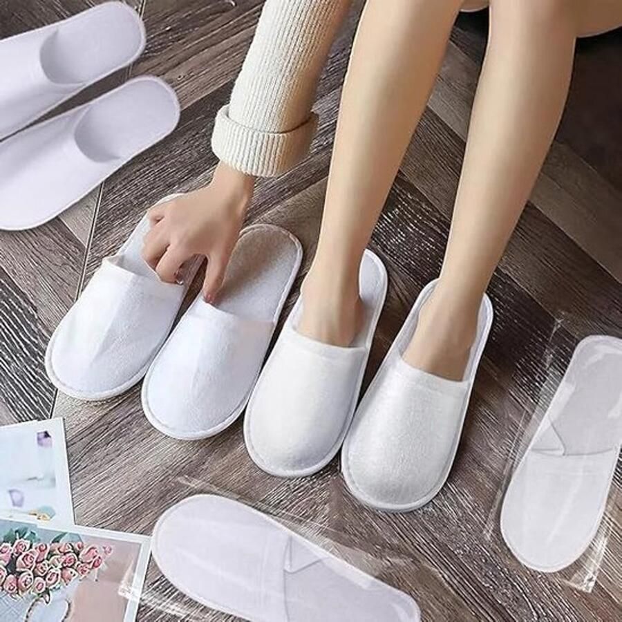 Allecto Plus Wegwerp Spa-pantoffels voor en Antislip badstof slippers voor thuis feest en reizen Set van 5 paar Wit Wasbare gastenslippers Commercieel gebruik