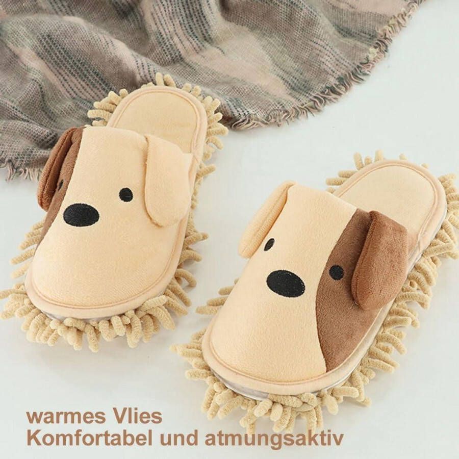 Allecto Premium Cartoon Hond Pantoffels van Microvezel Afneembare Zool Schoonmaken Vloeren Beige