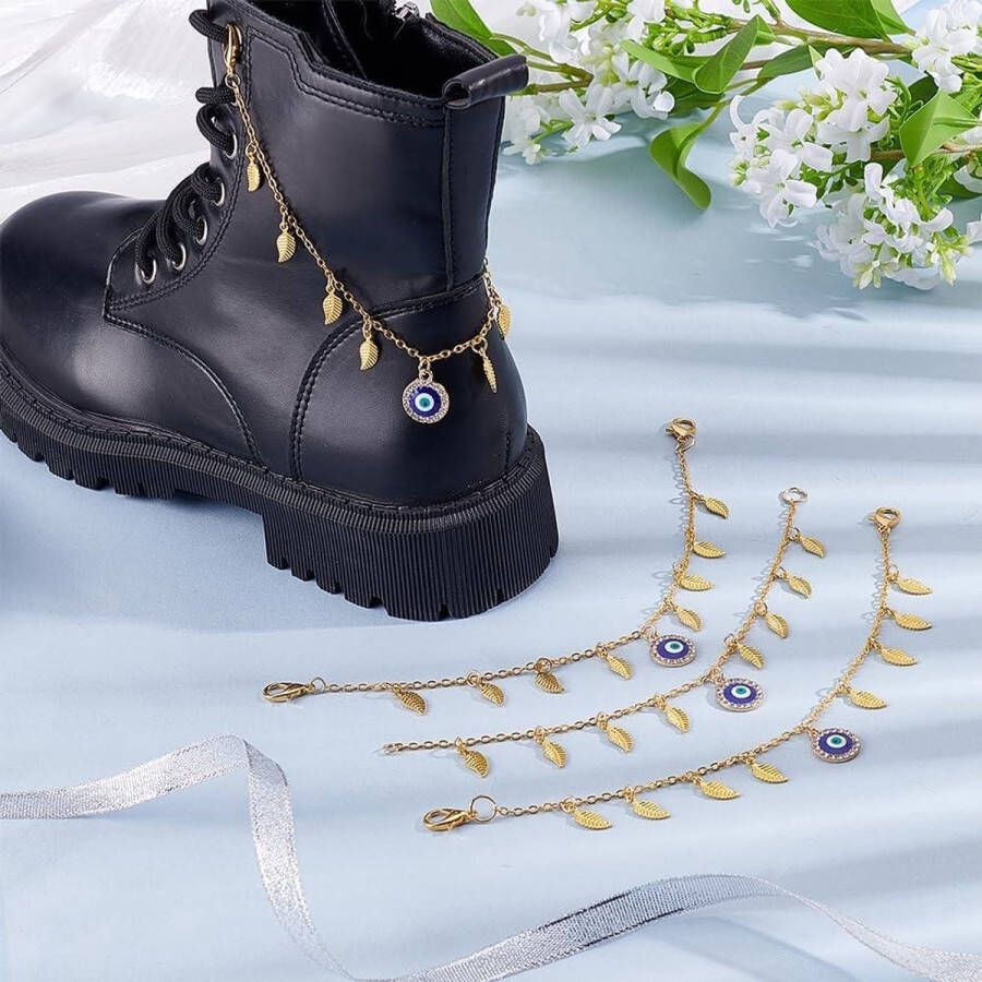 Allecto Premium Gouden schoenkettingen met boze oog en bling voor vrouwen Set van 4 Voor klomp sandalen DIY accessoires Trendy schoenbedels