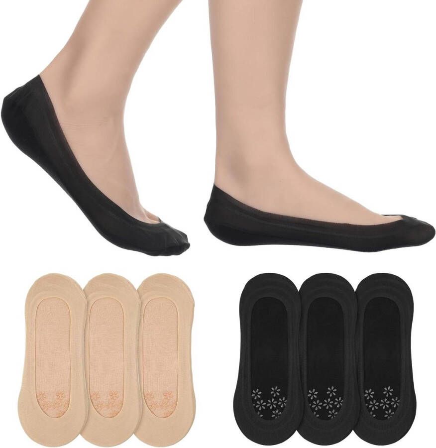 Allecto Premium No Show Sokken Dames Ultra Dun Liner Onzichtbaar Antislip Flats Hakken Sportschoenen 6 Paar (Zwart beige)