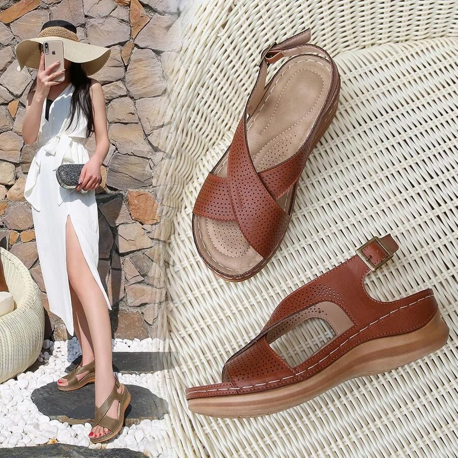 Allecto- Sandalen voor dames Zomer Zwart Comfortabel Plateauzool Trendy Geschikt voor Zomer Outfits Zwart Model Dames Sleehak Sandalen Klassiek Gestreept Open Teen Gespsluiting Plateau Buitenschoenen