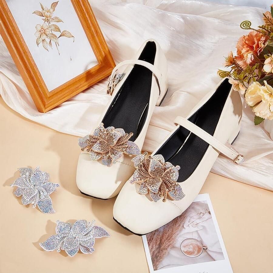 Allecto Schoenaccessoires Strass Bloem Goud en Zilver Afneembaar Charms Vrouwen Bruiloft Flats Sandalen Hakken Casual Schoenen