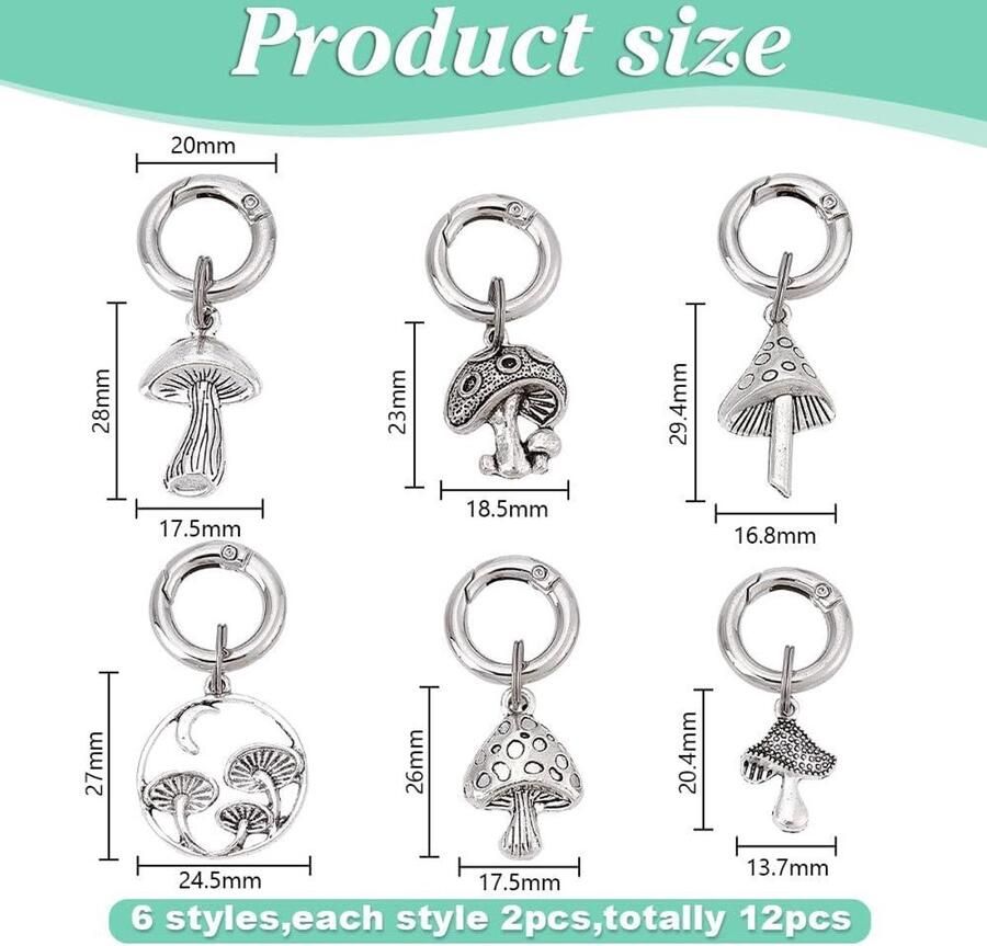 Allecto- schoenhanger paddenstoel legering laarzen hanger DIY laarzen accessoires gymschoenen tassen sleutelhanger geschikt voor platina 12 stuks 6 stijlen fee gothic schoendecor met veerringen