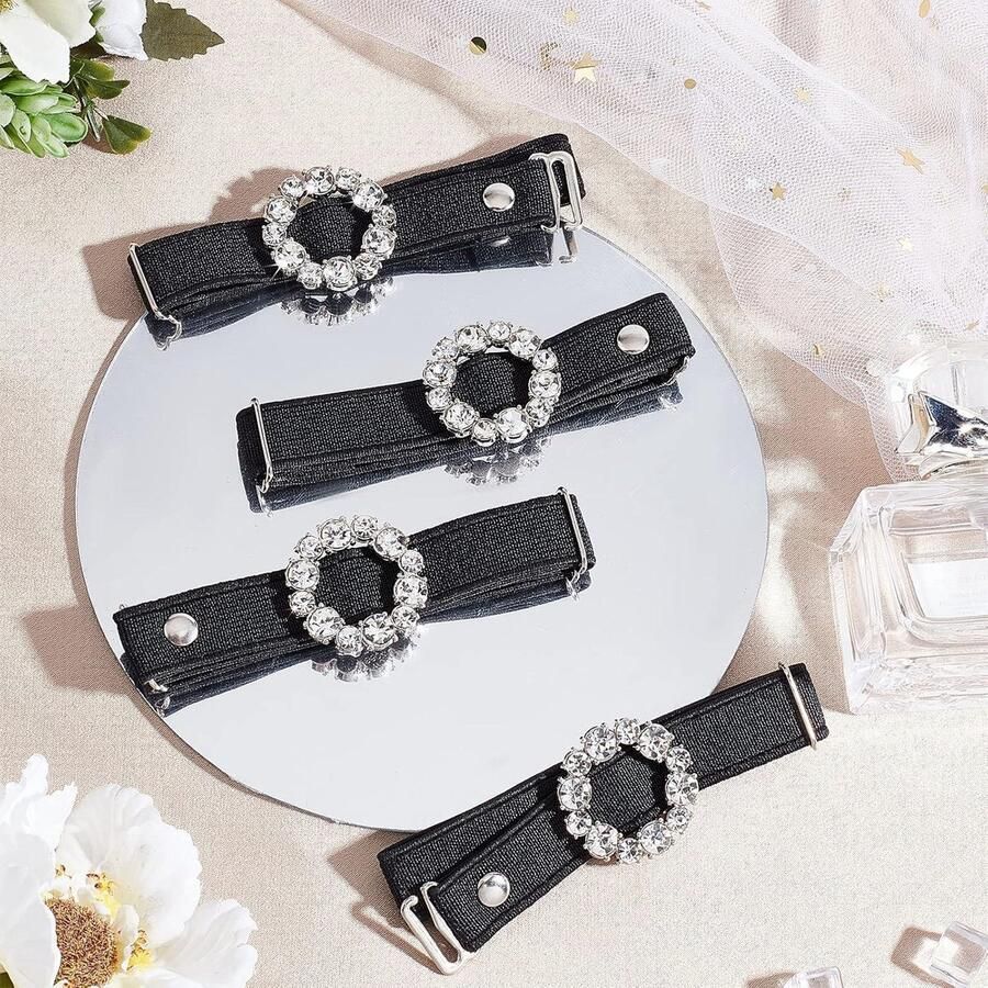 Allecto- Vrouwen Hoge Hakken Bandjes Verstelbare Schoenbanden Anti Losse Schoen Enkelband 4 Stuks Zwart Bloem Strass Charme Geschikt voor Hoge Hakken Afneembare Schoenriemen met Kant Eén