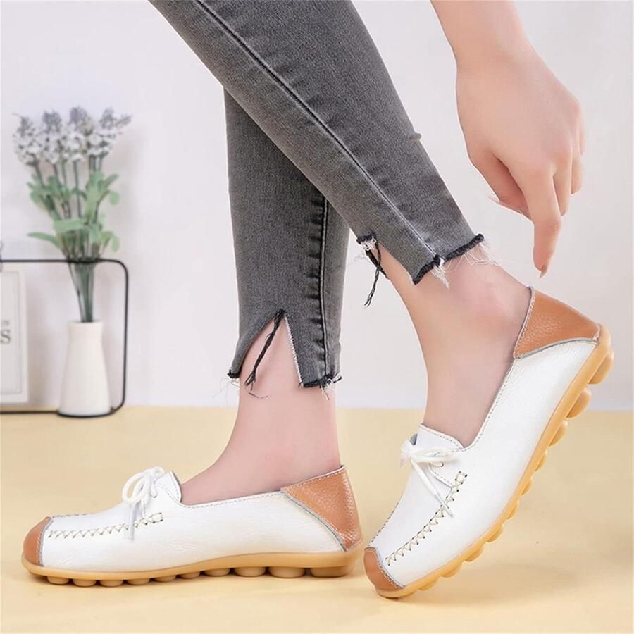 Allecto- Vrouwen Lederen Mocassins Casual Ronde Teen Loafer Zachte Platte Boot Schoenen Slip Op Rijden Schoenen Comfortabel Wit Ademend Geschikt voor Dames