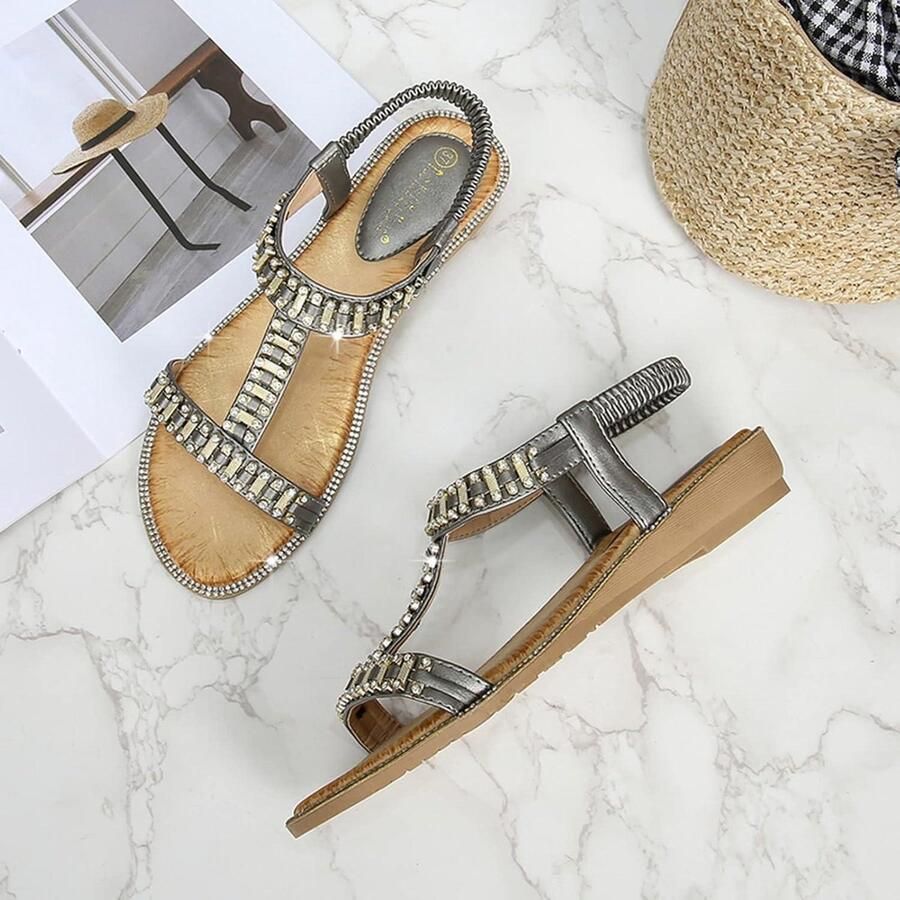 Allecto Vrouwen Sandalen Zomer Casual Grijs Open Teen Plat Sparkly Kralen Bohemian Enkelband Elastische Terug Geschikt voor Vrouwen 38.5