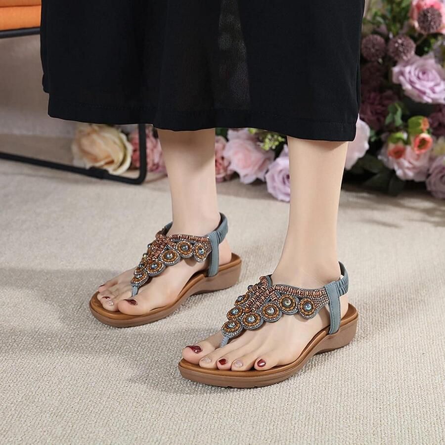 Allecto Vrouwen Sandalen Zomer Elastische Rug Riem Thong Enkel Bohemian Kralen Plat Grijs 40.5