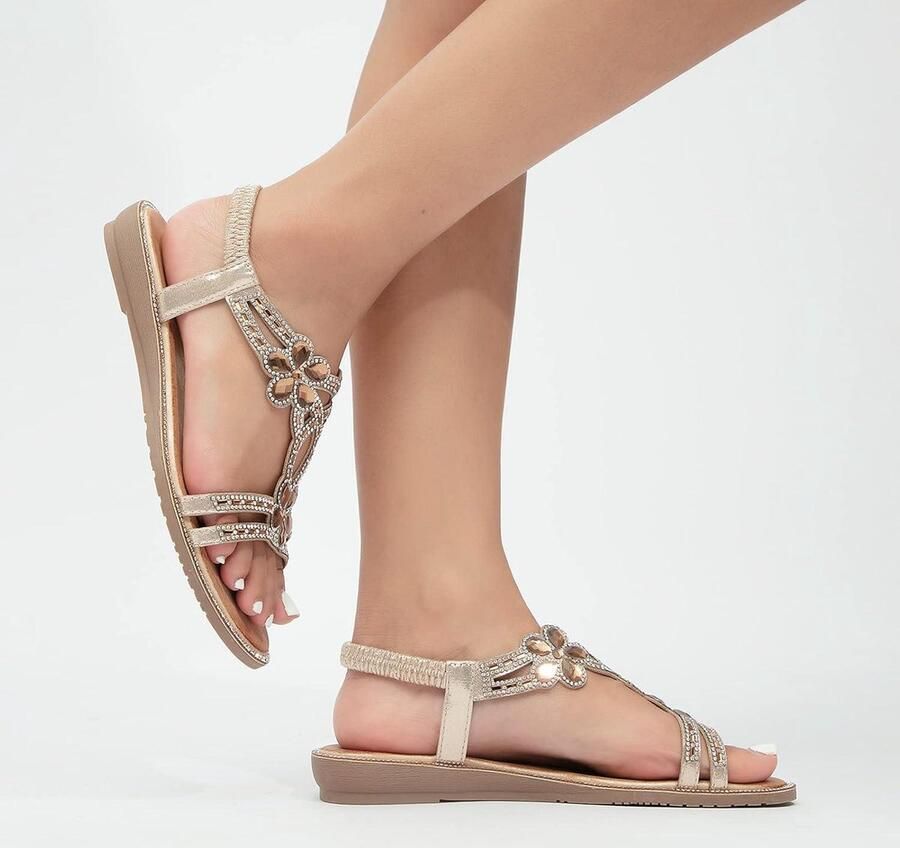 Allecto- Vrouwen Sandalen Zomer Gladiatorsandals Open Teen Comfortabel Sparkly Bloem Diamante Platte Sandalen Geschikt voor Zomer Outfits Zwart