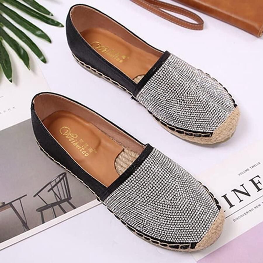Allecto Vrouwen Slip on Zwarte Canvas Schoenen Geschikt voor Zomer Zwart Model Vrouwen Flat Espadrilles Canvas Schoenen Slip on Loafer Flat Zwart 40.5