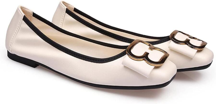 Allecto- Vrouwen Vouwbare Pumps Casual Oprolbare Schoenen Vierkante Teen Mentale Gesp Instappers Netjes Platte Schoenen Dolly Schoenen Geschikt voor Formele Gelegenheden Witte Kleur