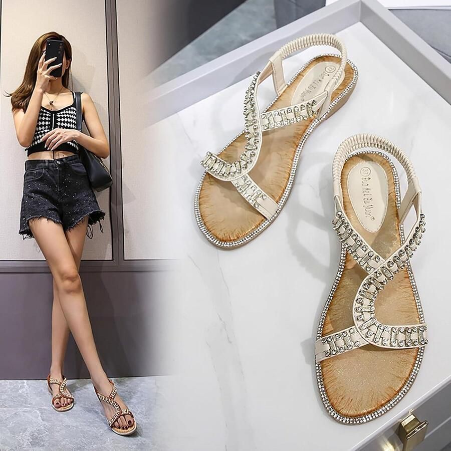 Allecto- Vrouwen Zomer Sandalen Dames Casual Open Teen Sparkly Kralen Bohemian Enkelband Elastische Rug Platte Beige