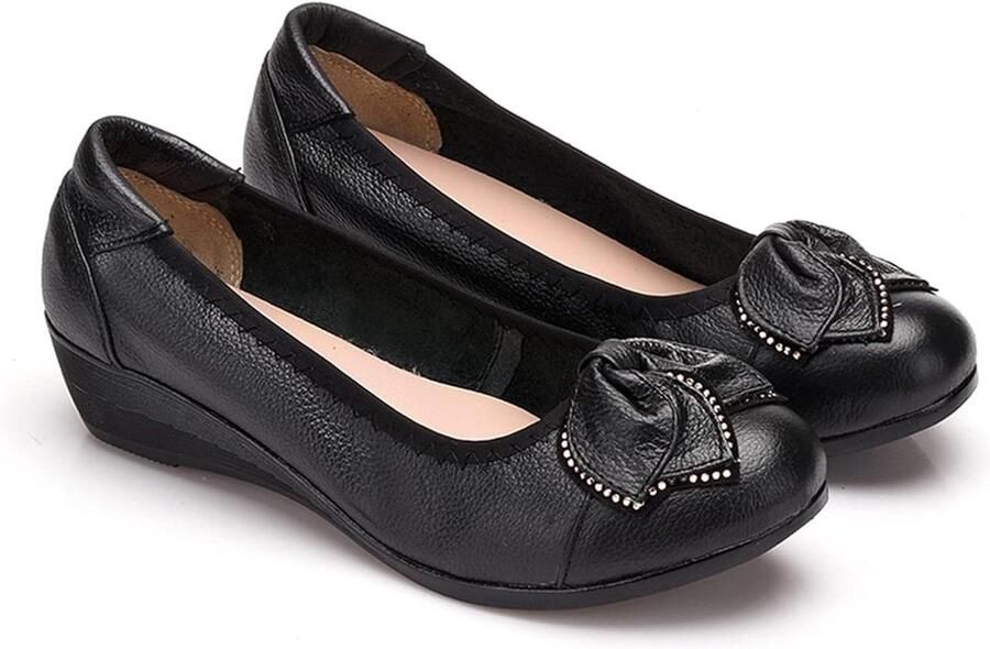 Allecto- Wandelschoenen Dames Comfortabel Zwart Platte Loafer Casual Zachte Lederen Geschikt voor Wandelen Lage Wedge Heel Vrouwen