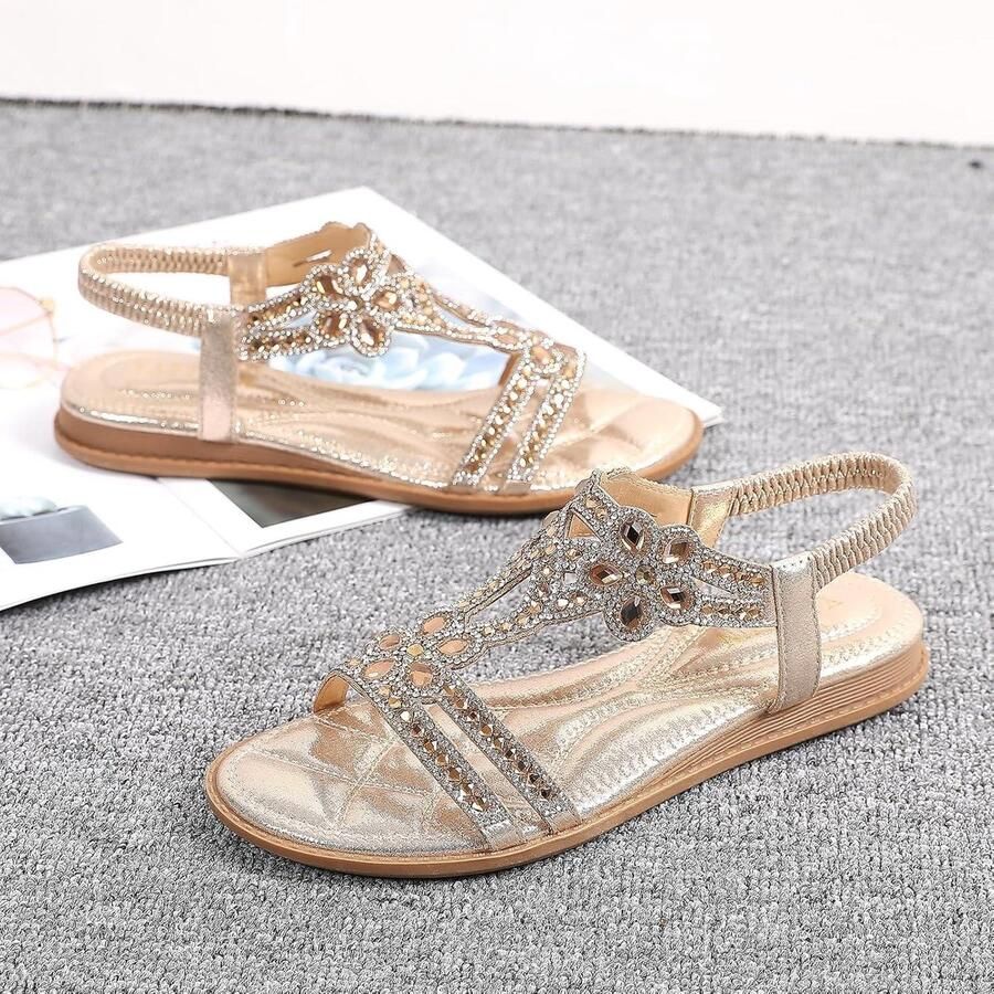 Allecto- Witte Dames Sandalen met Strass Modieus Plat Zomer Damesschoenen T-riem Geschikt voor Vrouwen Wit Strand Vakantie Outdoor