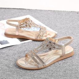 Allecto- Witte Dames Sandalen met Strass Modieus Plat Zomer Damesschoenen T-riem Geschikt voor Vrouwen Wit Strand Vakantie Outdoor