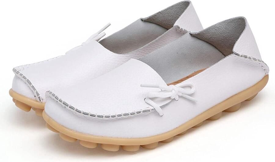 Allecto- Witte leren dames mocassins Casual platte loafer Slip-on rijden schoenen Geschikt voor vrouwen Wit