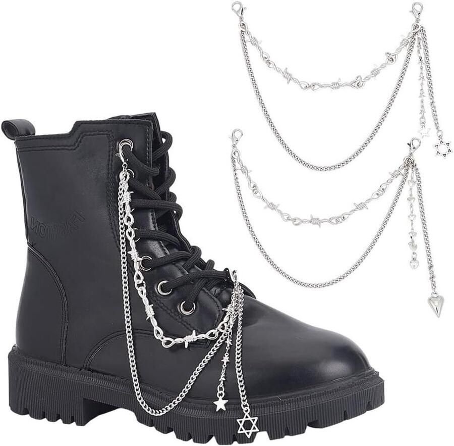 Allecto- Zwarte platte schoenenketting Punkstijl Metaal Sterhart Punten en doornen Gothic Sneakers en laarzen Zwart model