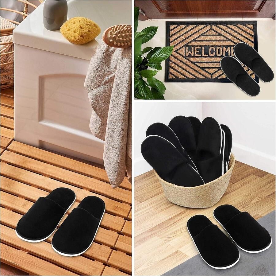 Allecto Zwarte Zachte Spa Slippers met Tasje Gesloten Teen Wasbaar Herbruikbaar Slippers Twee Maten (S L) Past nen & Voor Badkamer Gasten Reizen Huis Huwelik & Hotel