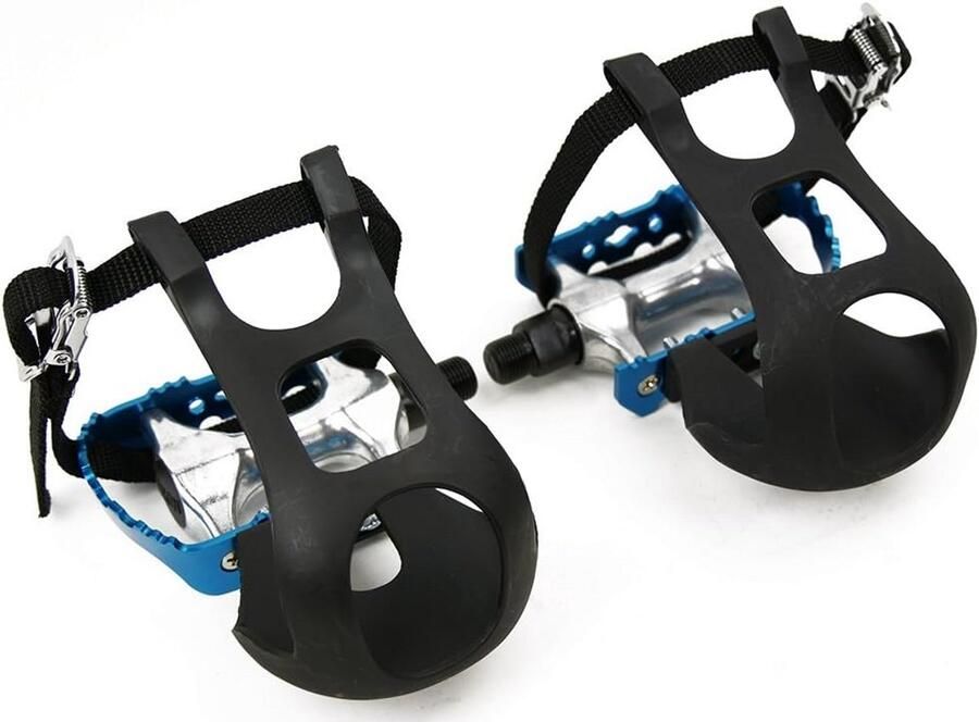 Aluminium Fiets Pedalen Blauw met Zwarte Pedaalhaken en Nylon Rie