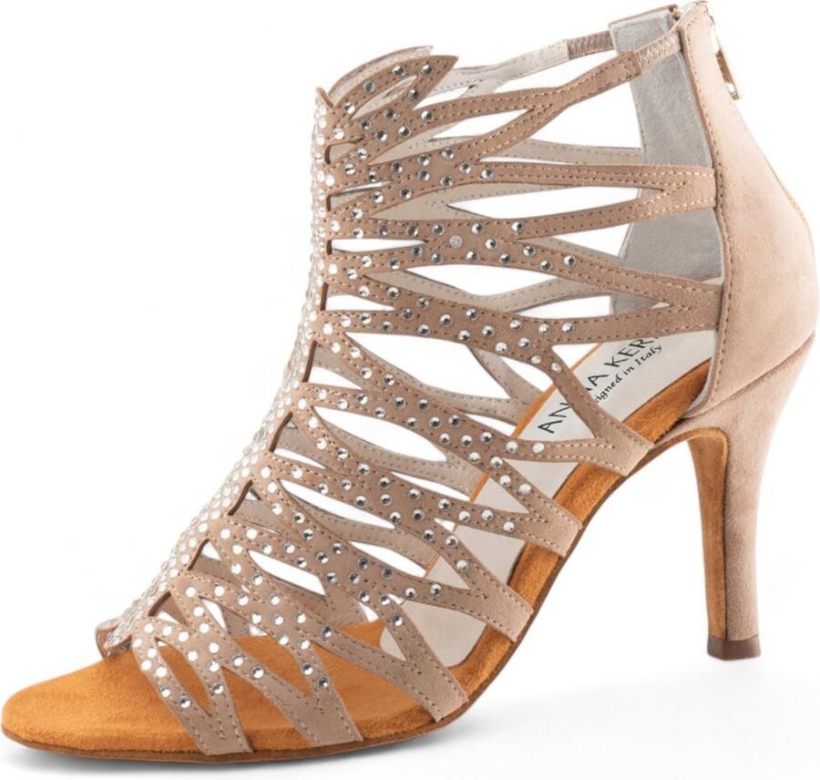 Anna Kern 800 75 Celeste Dames Dansschoenen Beige met Strass Enkellaarsje Hoge Hak Danshakken Latin Salsa Kizomba Heels ANNA KERN Beige