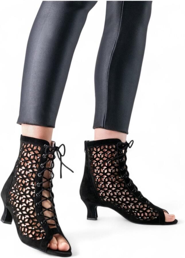 Anna Kern 990 50 Elaine Dames Dans enkellaars met vetersluiting Zwart Suede met Opengewerkt Motief en Rits ANNA KERN Zwart