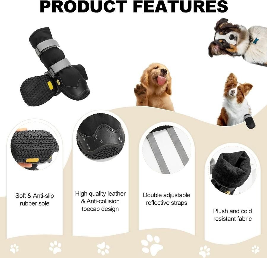 Waterdichte en Antislip Hondenlaarzen met Reflecterende Bandjes Duurzame Rubber Zool en Leer Bescherming voor Hondenpootjes voor Kleine Middelgrote en Grote Honden 4 Stuks (L Zwart)