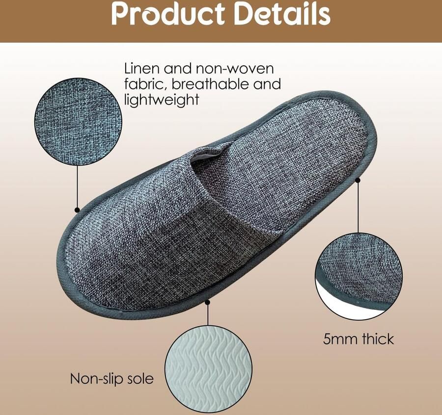 Antislip hotelpantoffels draagbare Universele Maat Spa-pantoffels Geschikt Voor Badkamer Gasten Reizen Thuis Bruiloft en Hotel (Gris Lin 30 Paaren)