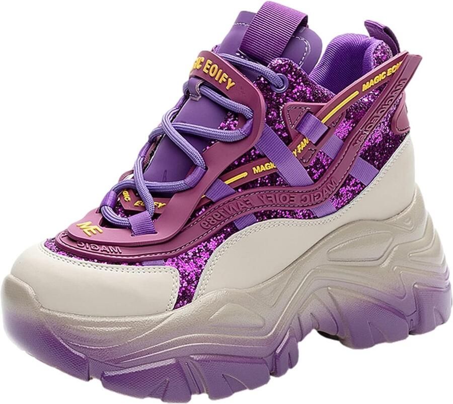 ANUFER Women Platform Chunky Trainers Shoes Shiny Sequins Fashion Wedge Heel Sneakers purple ShopVlot