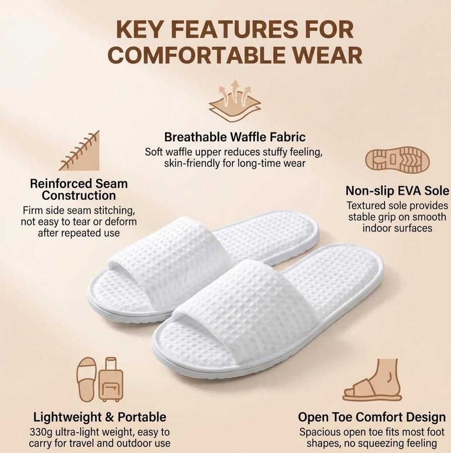 ASTRQLE 2 paar witte wafel spa-slippers met open teen wegwerpbare hotel-slippers voor en antislip reisslipper voor feest thuis hotelg