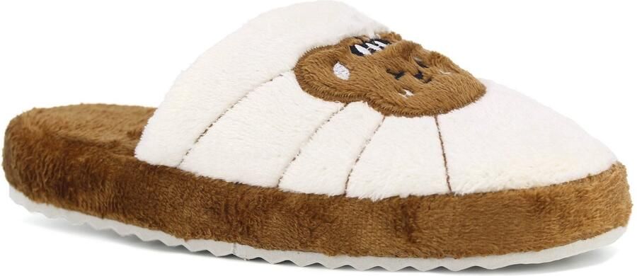 Auris Dames Pantoffels met beertje Wit Bruin