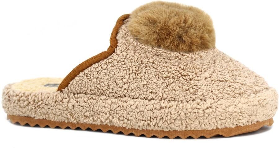 Auris Dames Pantoffels Pluizige Pompons Licht Bruin