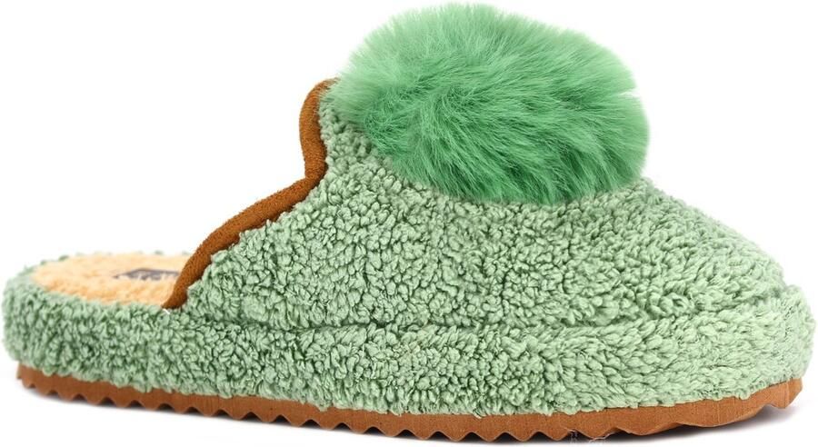 Auris Power Dames Pantoffels Pluizige Pompons Groen