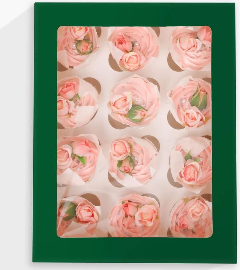 Automatische pop-up 12 cupcake-dozen met venster diepgroen 6 stuks 33 x 25 4 x bakkerijdozen voor cupcake-dragers cupcake-containers (13 x 10 x 3 5 inch)