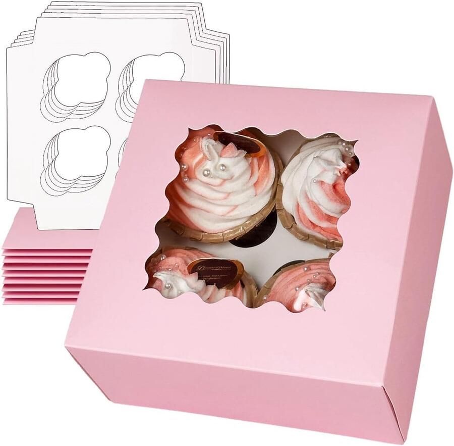 Automatische Pop-up 4 Cupcake-dozen Met Venster Roze 12 Stuks Cupcake-dozen 16 x 16 x Bakkerijdozen Voor Cupcake-dragers Houders (6 3 x 6 3 x 3 Inch)