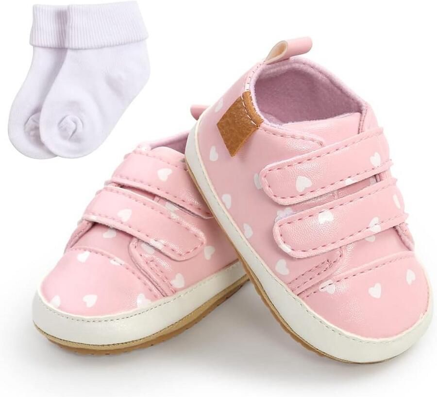 Baby Sneakers Eerste Wandelschoenen Zacht Rubberen Zool PU Leer Bovenmateriaal Inclusief Sokken voor Peuterjongens en Meisjes