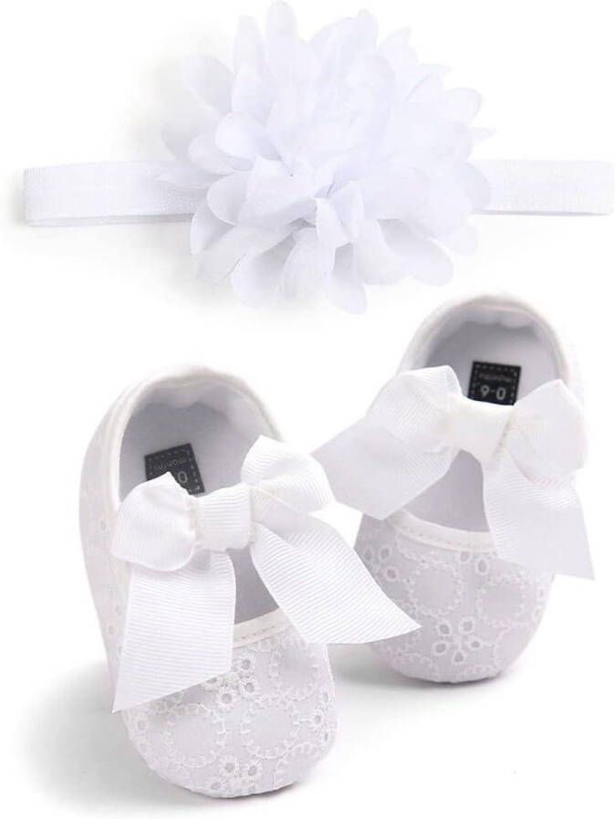 Babyschoenen voor meisjes met strik en knoop Mary Jane stijl Zachte zool & antislip Prinsessen-doopschoenen Babymeisjes outdoorschoenen met hoofdband Platte elastische band