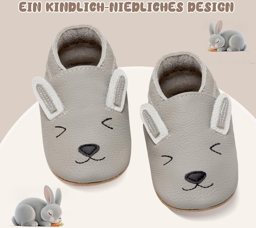 Kruipschoenen Baby Slofjes Eerste Babyschoentjes Zacht Leer Zooltjes Babyslofjes(Grijs Konijn