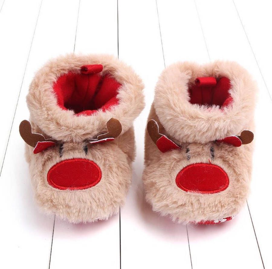 Merkloos Sans marque Babyslofjes | Rendier | Beige | Rood | 6 12 maanden | 12 CM | Antislip | Pluche voering | Babyslofjes | Kerstslofjes | sloffen | Merry Christmas | Kerst | Winter Sloffen | Babyschoenen | Babyschoentjes | Unisex | | Kraamcadeau