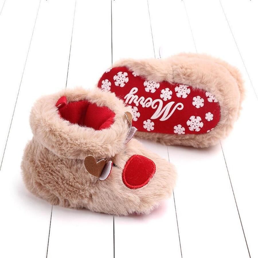 Merkloos Sans marque Babyslofjes | Rendier | Beige | Rood | 12 18 maanden | 13 CM | Antislip | Pluche voering | Slofjes Dreumes | Kerstslofjes | sloffen | Merry Christmas | Kerst | Winter Sloffen | Babyschoenen | Babyschoentjes | Unisex | & | Kraamcadeau