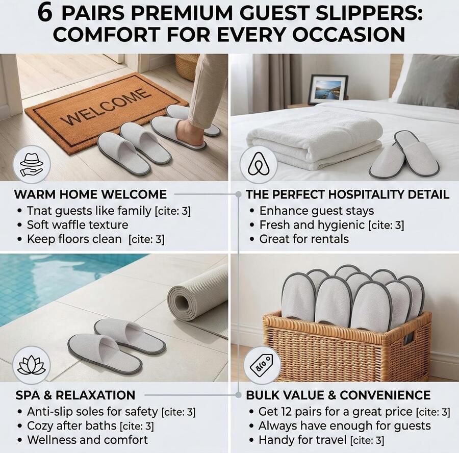 Badslippers set van 6 uniseks hotel slippers wasbare spa gastenslippers katoenen binnenzool antislip huispantoffels wit