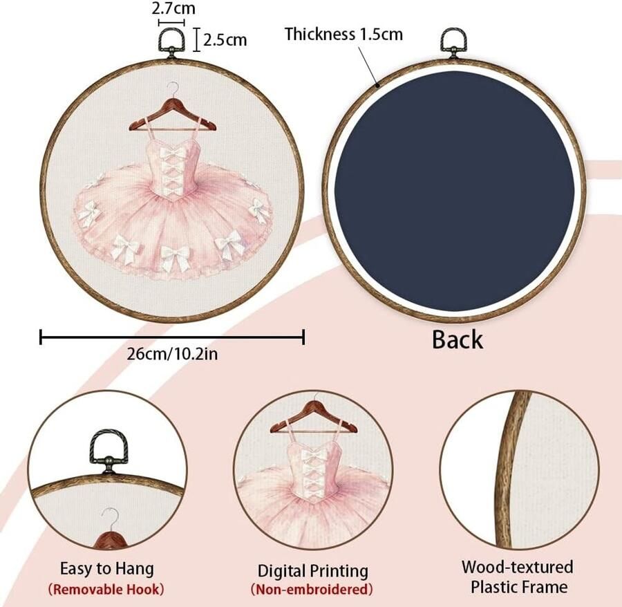 Ballerina Dress Roze Muurdecoratie met Vintage Houten Lijst Canvas Prints voor Prinsessenkamer Speelkamer en Kinderkamer Diameter