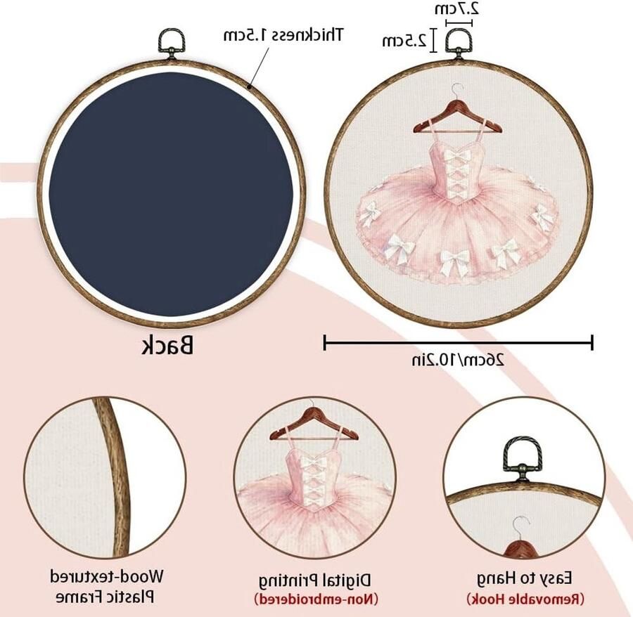 Ballerina Dress Wanddecoratie in Roze met Vintage Houten Lijst Canvas Print voor Prinsessenkamer Speelkamer en Kinderkamer Diameter