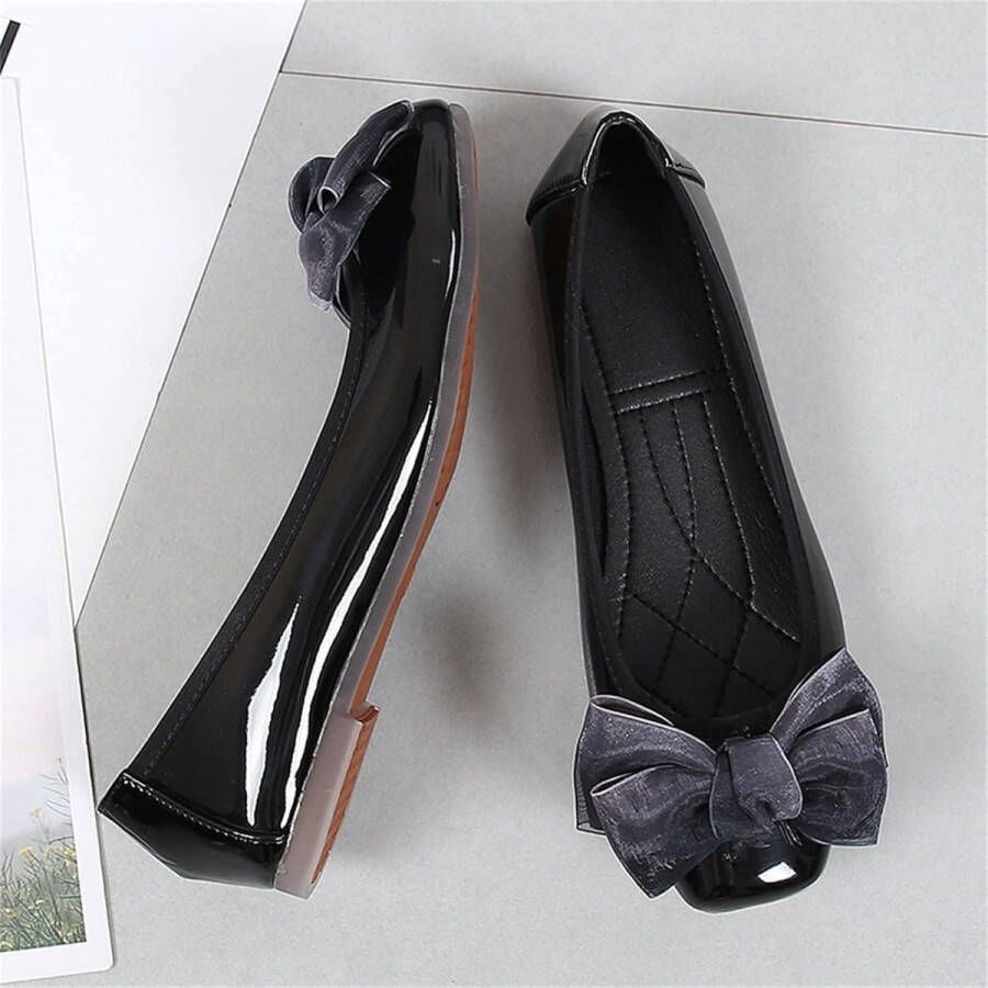 Ballerina Flats Casual Vierkante Teen met Bow-Knoop Memory Foam Dressy Flats voor Vrouwen Zwarte Dolly Schoenen