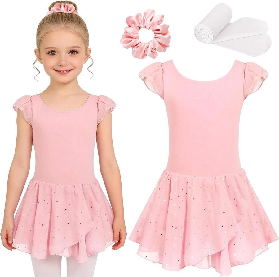 Ballerina-jurk voor meisjes artistiek turnpakje en dansbody voor meisjes met chouchou en panty's wit ritmische gymnastiek voor les en shows