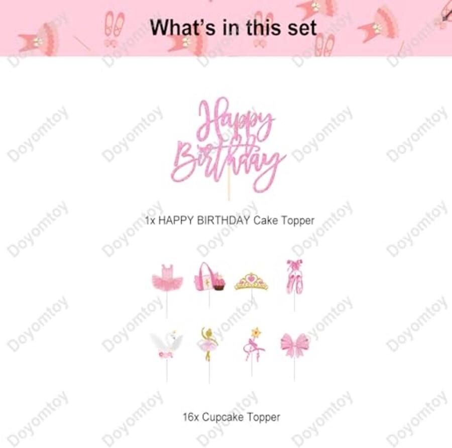 Ballerina Taartdecoratie Inclusief Happy Birthday en 16 Ballerina Toppers Papier Roze