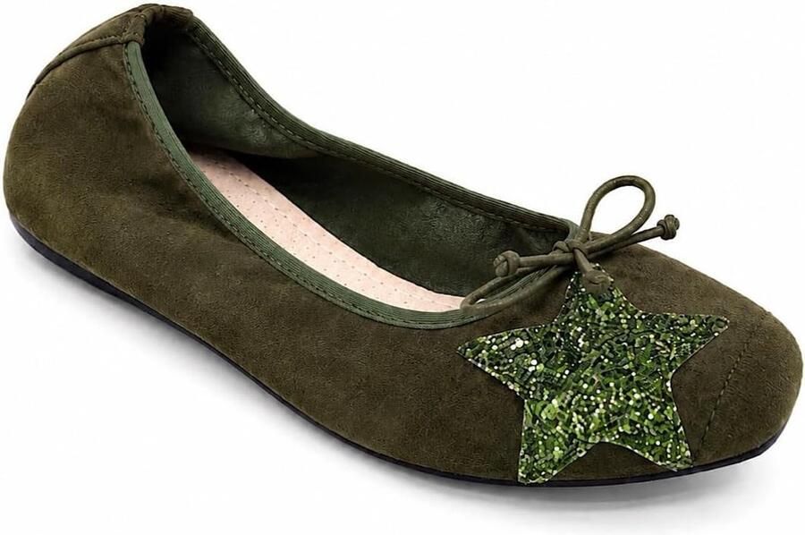 Ballerina's voor dames van suède met leren binnenzool sterrenmotief met pailletten Kaki