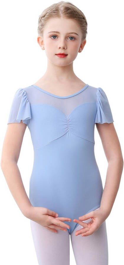 Ballet Clothing Girls Ballet Shirt Kids Mesh Ballet Suit Puff Sleeve Dance Body for 2-10 Years Blue