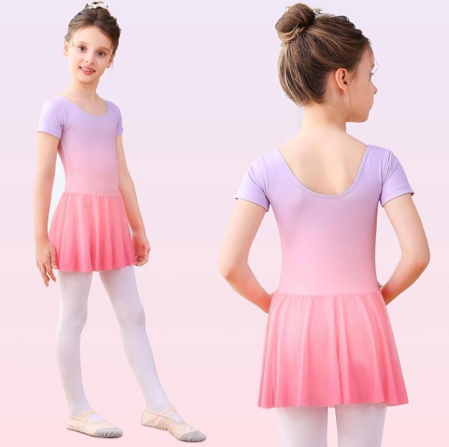 Balletjurk voor Meisjes met Korte Mouwen Geschikt voor Danslessen en Balletoptredens Roze Gradient Design met Rok