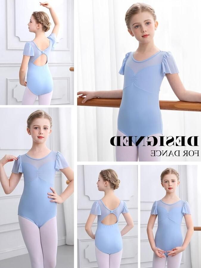 Balletkleding voor Meisjes Leotard met Mesh en Pofmouwen voor Dans Geschikt Blauw