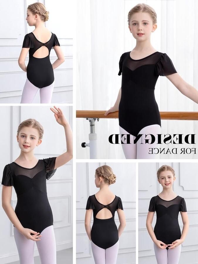 Balletkleding voor Meisjes Mesh Leotard met Pofmouwen en Dansbodysuit voor Kinderen van in Zwart