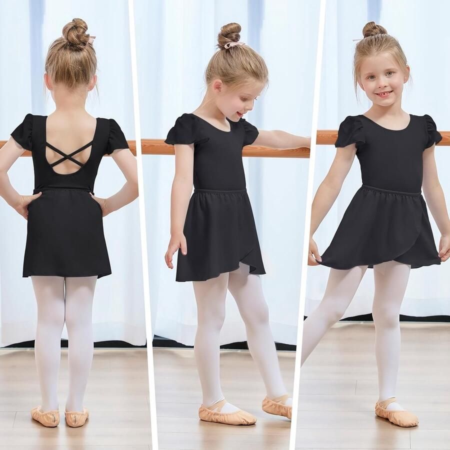 Balletkleding voor Meisjes met Afneembare Balletrok en Puff Mouwen Dansoutfit voor Kinderen in Zwart 100